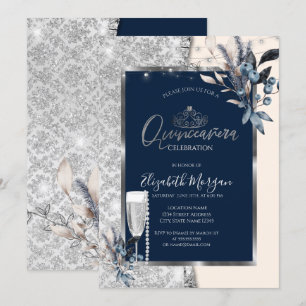 Winter Flowers,Prosecco Navy Blue Quinceanera Invitation