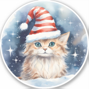 Winter Fluffy Cat in Red & White Stripe Santa Hat