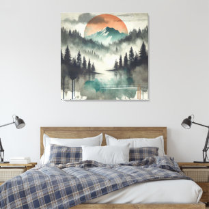 Winter Fog Mountain Forest Landscape Orange sun Canvas Print