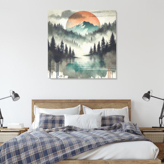 Winter Fog Mountain Forest Landscape Orange sun Canvas Print (Insitu(Bedroom))
