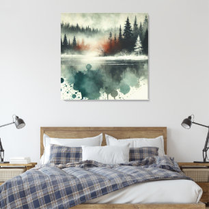 Winter Fog Mountain Forest with Red Sunset Accent Canvas Print