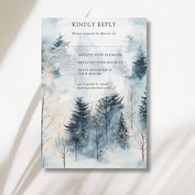 Winter Fog Snow Pine Tree Forest Wedding RSVP Card (Creator Uploaded)