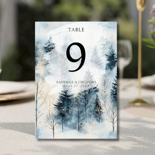 Winter Fog Snow Pine Tree Forest Wedding Table Number