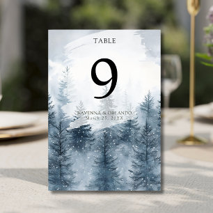 Winter Fog Snow Pine Tree Forest Wedding Table Number