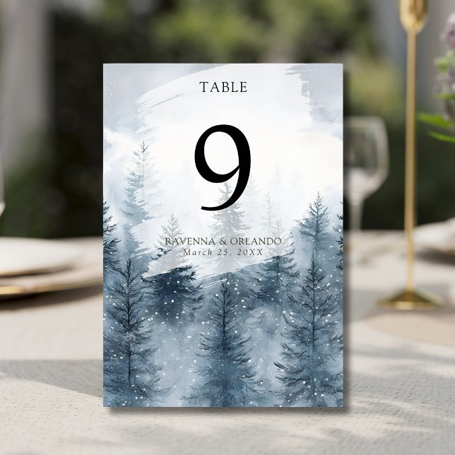 Winter Fog Snow Pine Tree Forest Wedding Table Number (Creator Uploaded)