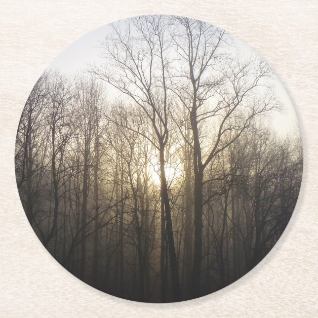Winter Fog Sunrise Nature Photography Round Paper Coaster (Front)