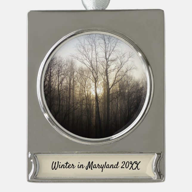Winter Fog Sunrise Nature Photography Silver Plated Banner Ornament (Front)