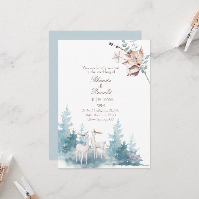 Winter Foliage and Deer Watercolor Blue Wedding  Invitation (Front/Back In Situ)