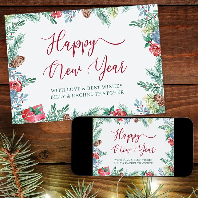 Winter Foliage and Pine Cone Border New Year Holiday Card (Happy New Year Card. Buy professionally printed or as a printable digital download.)