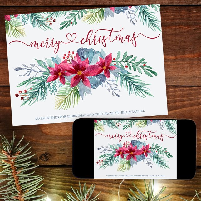 Winter Foliage and Poinsettia Watercolor Christmas Holiday Card (Poinsettia Christmas Card. Buy professionally printed or as a printable digital download.)
