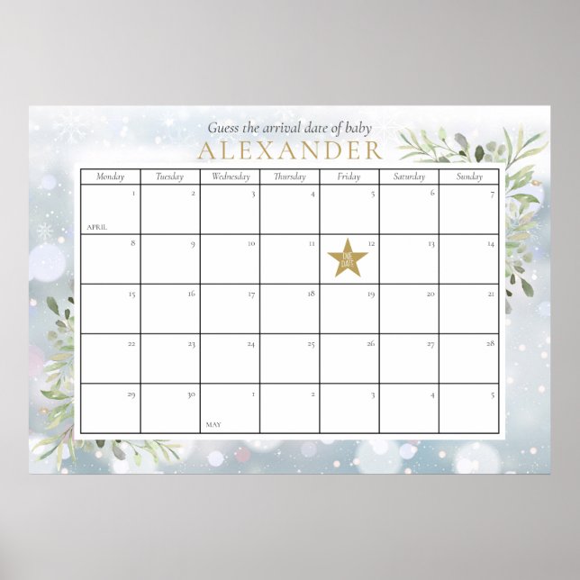 Winter Foliage Baby Shower Guess The Due Date Game Poster (Front)