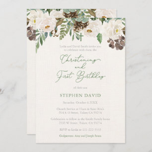 Winter Foliage Boy Christening 1st Birthday Party Invitation