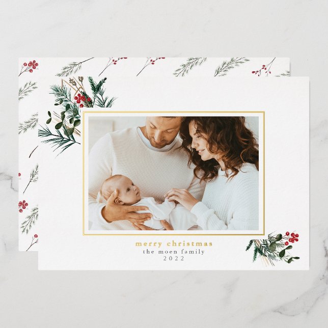 Winter Foliage Foil Frame Christmas Photo Card (Front/Back)