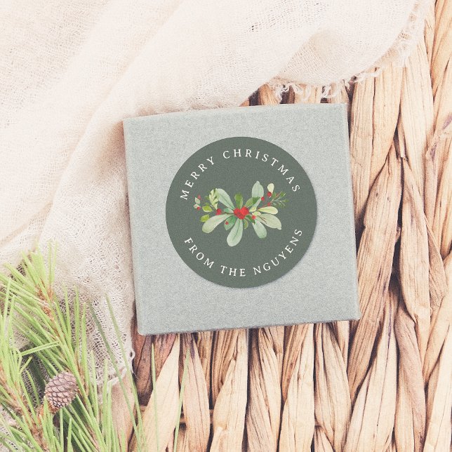 Winter Foliage Green Merry Christmas & Family Name Classic Round Sticker (Creator Uploaded)