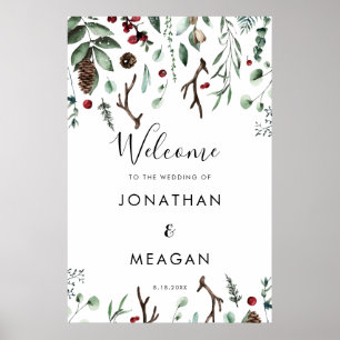 Winter foliage holiday welcome wedding sign