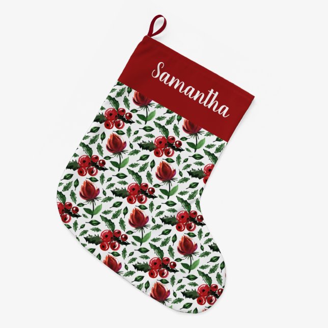 Winter Foliage Holly Berries Botanical Large Christmas Stocking (Front (Hanging))