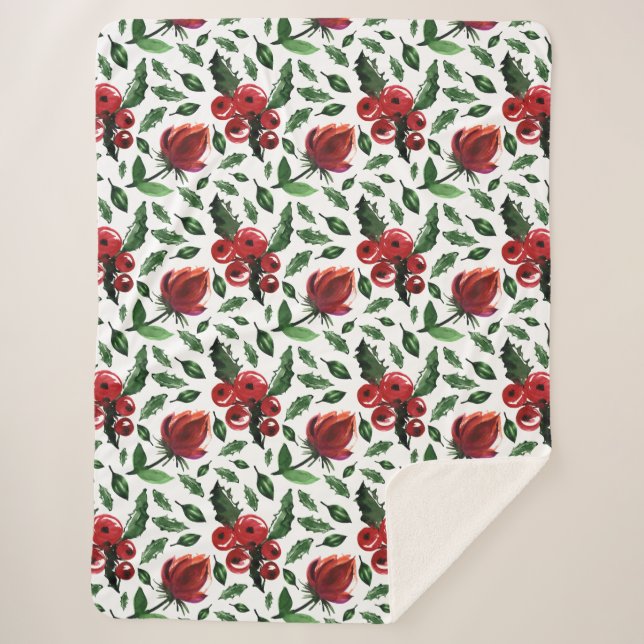 Winter Foliage Holly Berries Botanical Sherpa Blanket (Front)