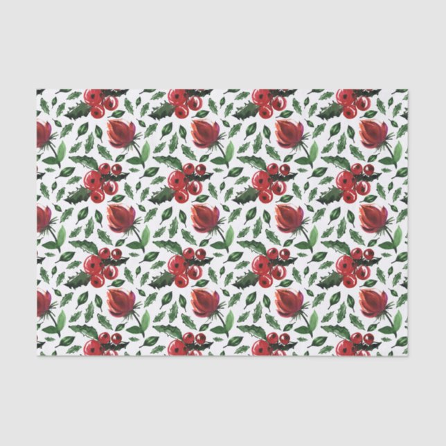 Winter Foliage Holly Berries Botanical Tissue Paper (Front)