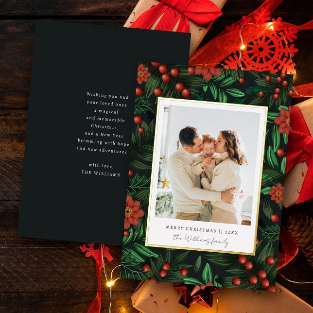 Winter Foliage Holly Berries Merry Christmas Photo Foil Holiday Card (Creator Uploaded)