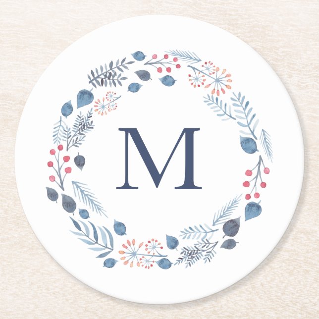 Winter Foliage Monogram Paper Coaster (Front)