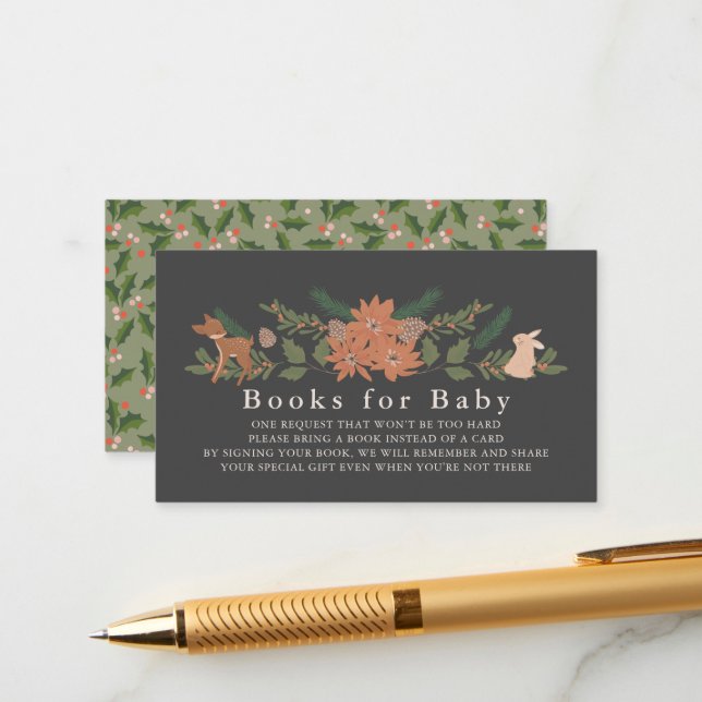 Winter Foliage Navy Baby Book Request Enclosure Card (Front/Back In Situ)