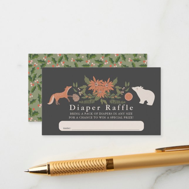 Winter Foliage Navy Baby Diaper Raffle Ticket Enclosure Card (Front/Back In Situ)