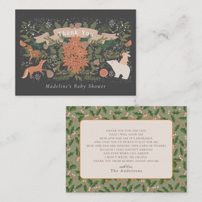 Winter Foliage Navy Baby Shower Thank You Card (Front/Back)