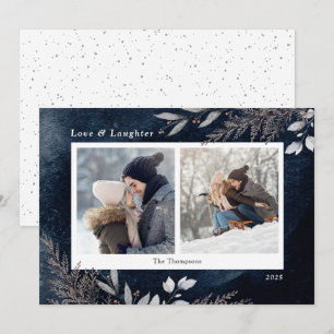 Winter Foliage Navy Blue Watercolor 2 Photos Holiday Card