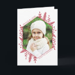 Winter Foliage Photo Holiday Greeting Card<br><div class="desc">This stunning Christmas photo greeting card features a hexagonal frame to showcase your favourite photo. Delicate foliage in red adds decoration over a white background. All text fields can be customised.</div>
