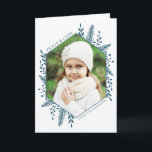 Winter Foliage Photo Holiday Greeting Card | Teal<br><div class="desc">This stunning Christmas photo greeting card features a hexagonal frame to showcase your favourite photo. Delicate foliage in dark teal adds decoration over a white background. All text fields can be customised.</div>