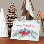 Winter Foliage Poinsettia Watercolor Garland Holiday Card<br><div class="desc">Personalised Christmas Cards with elegant calligraphy and pretty winter floral garland. This watercolor design has poinsettias with winter foliage, berries and pine. Merry Christmas is hand lettered and linked with a love heart. Inside, there is a pine tree forest border and the template is set up for you to add...</div>