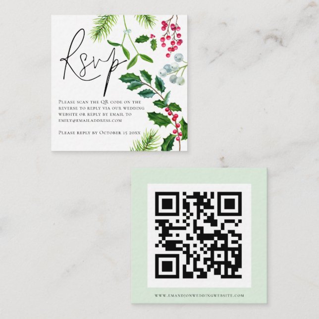 Winter Foliage QR Code Wedding RSVP Enclosure  Card (Front/Back)
