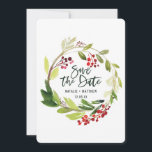 Winter foliage save the date card<br><div class="desc">Winter watercolor red and green foliage save the date card. With beautiful modern script text and on trend watercolours. Part of a collection.</div>