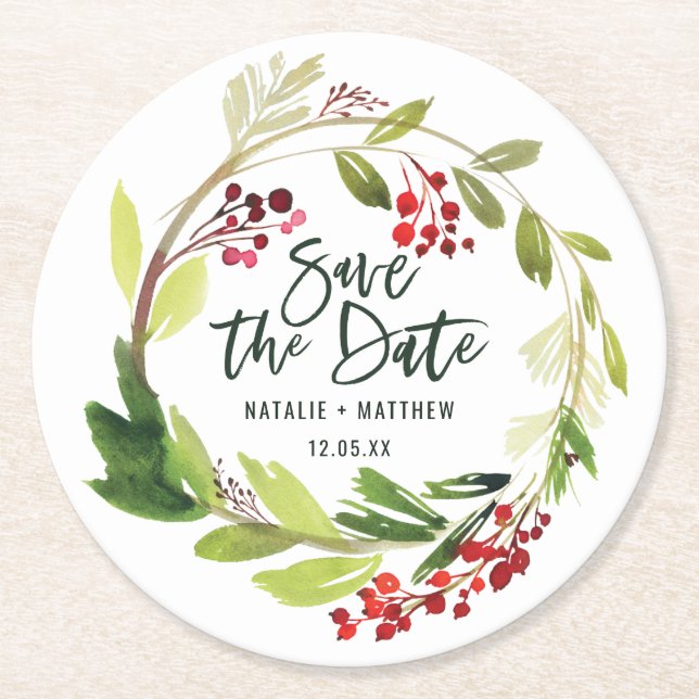 Winter foliage save the date round paper coaster (Front)