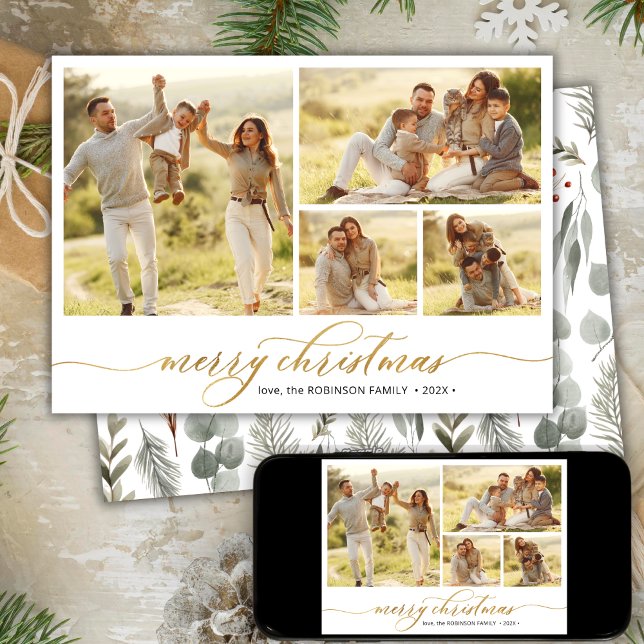 Winter Foliage Script 4 Photo Collage Christmas  Holiday Card (Creator Uploaded)