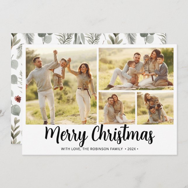 Winter Foliage Script 4 Photo Collage Christmas  Holiday Card (Front/Back)