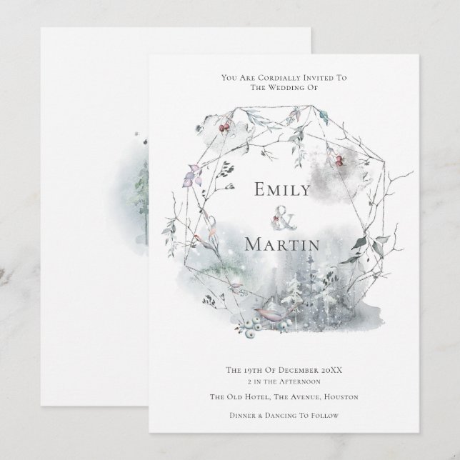 Winter Foliage Watercolor Berries Leaf Wedding Invitation (Front/Back)