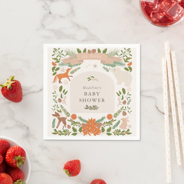Winter Foliage Woodland Animals Baby Shower Napkin (Insitu)