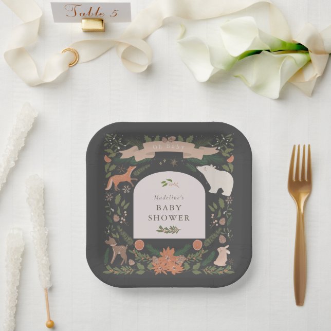 Winter Foliage Woodland Animals Navy Baby Shower Paper Plate (Wedding)