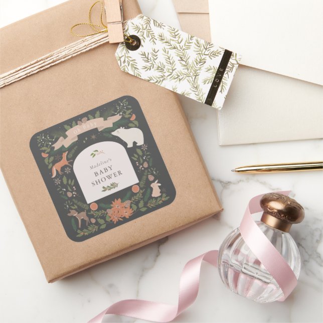 Winter Foliage Woodland Animals Navy Baby Shower Square Sticker (Gifting)