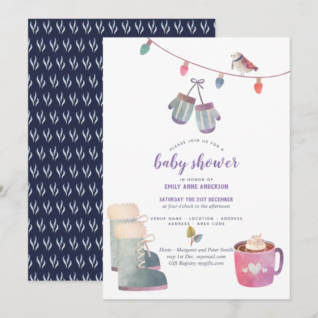 Winter Folk Art Baby Shower Invitation Purple blue (Front/Back)