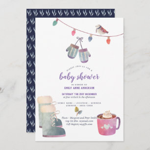 Winter Folk Art Baby Shower Invitation Purple blue