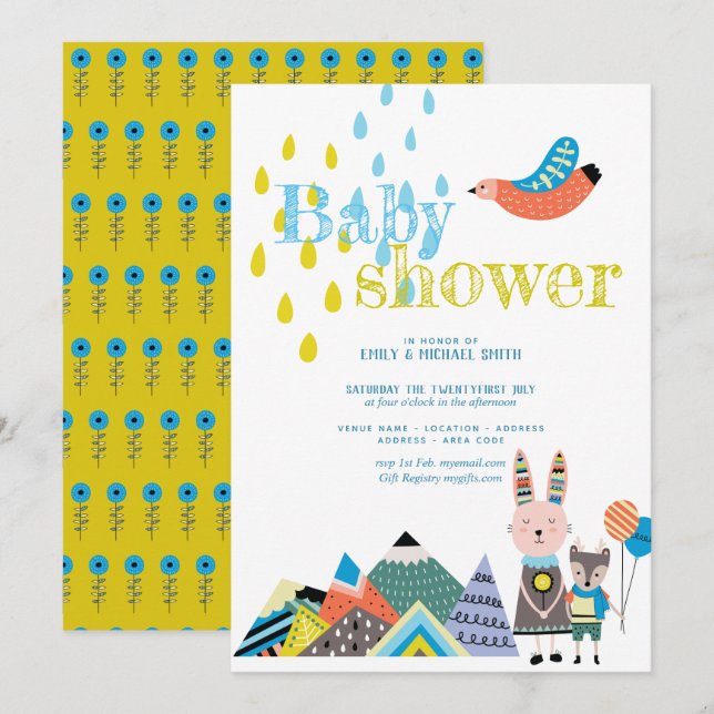 Winter Folk Art Baby Shower Invites Scandinavian (Front/Back)