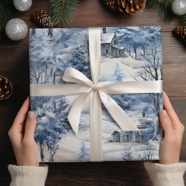 Winter Forest and a Barn Christmas  Wrapping Paper Sheet (Creator Uploaded)