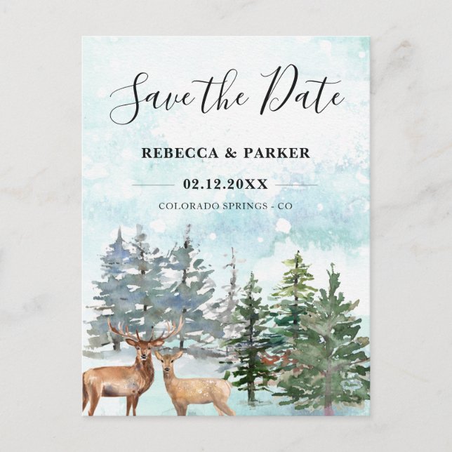 Winter Forest and deers Save the Date postcard (Front)