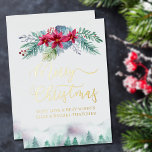 Winter Forest and Poinsettia Watercolor Gold Foil Holiday Card<br><div class="desc">Elegant christmas card with luxury gold foil typography, personalized with your message and name(s). This watercolor design has a forest of fir trees and a floral garland with poinsettias, winter foliage, berries and sprigs of pine. Merry Christmas is hand lettered in swirly calligraphy and your custom text is printed in...</div>