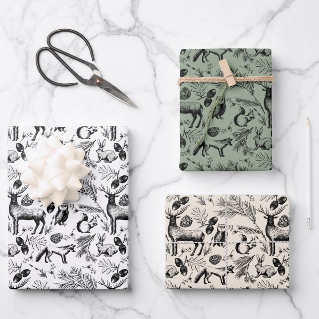Winter Forest Animals and Leaves Wrapping Paper Sheet (Front)