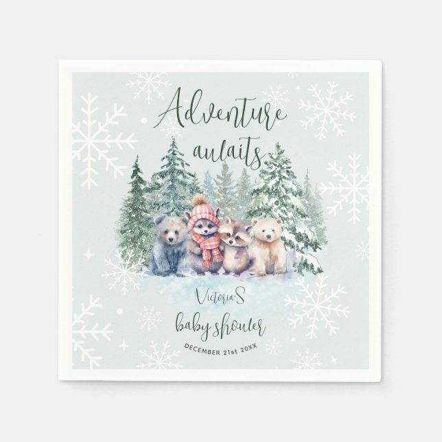 Winter Forest Animals In Snow Baby Shower Napkin (Front)