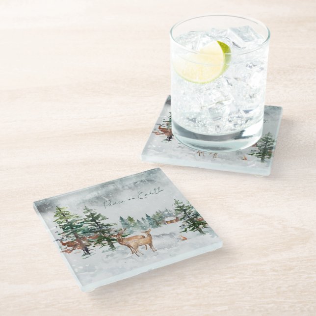 Winter Forest Animals Peace On Earth Christmas Glass Coaster (Angled)