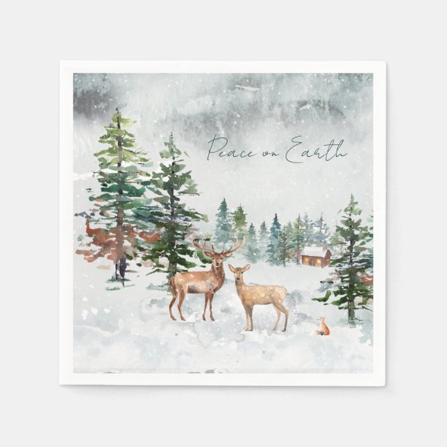 Winter Forest Animals Peace On Earth Christmas Napkin (Front)
